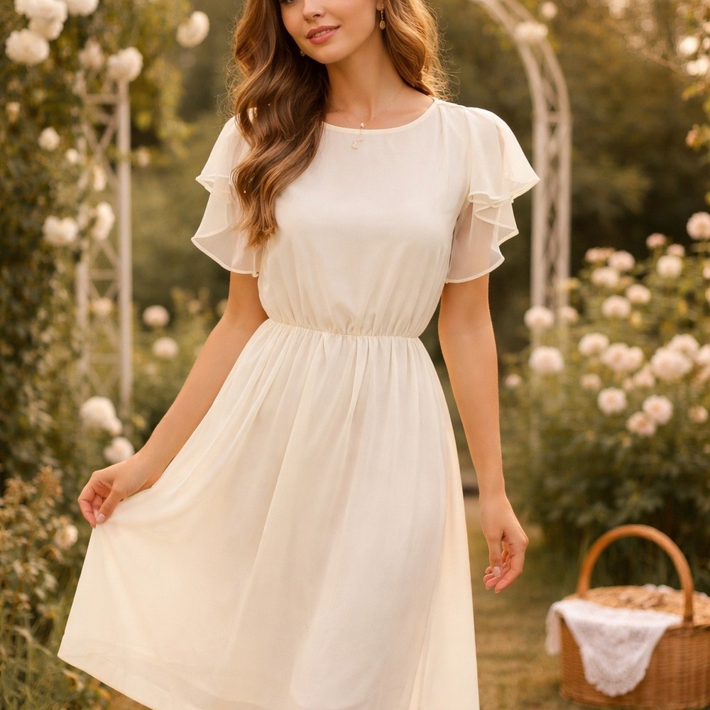 Vintage 70s JCPenney Womens S Cream Chiffon Flutter Sleeve Midi Dress Romantic